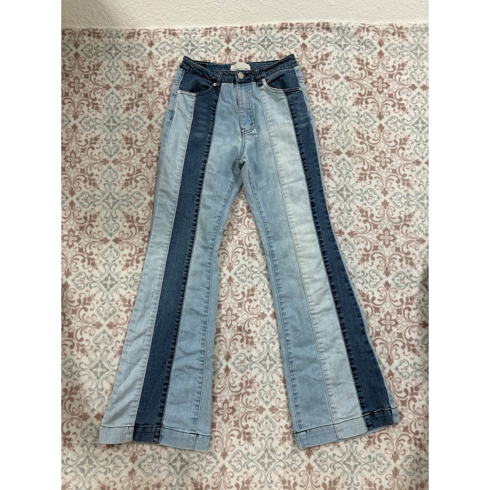 Habitual Girl Patchwork Flare Jeans Blue Multi Tone Denim Size 16 High Rise